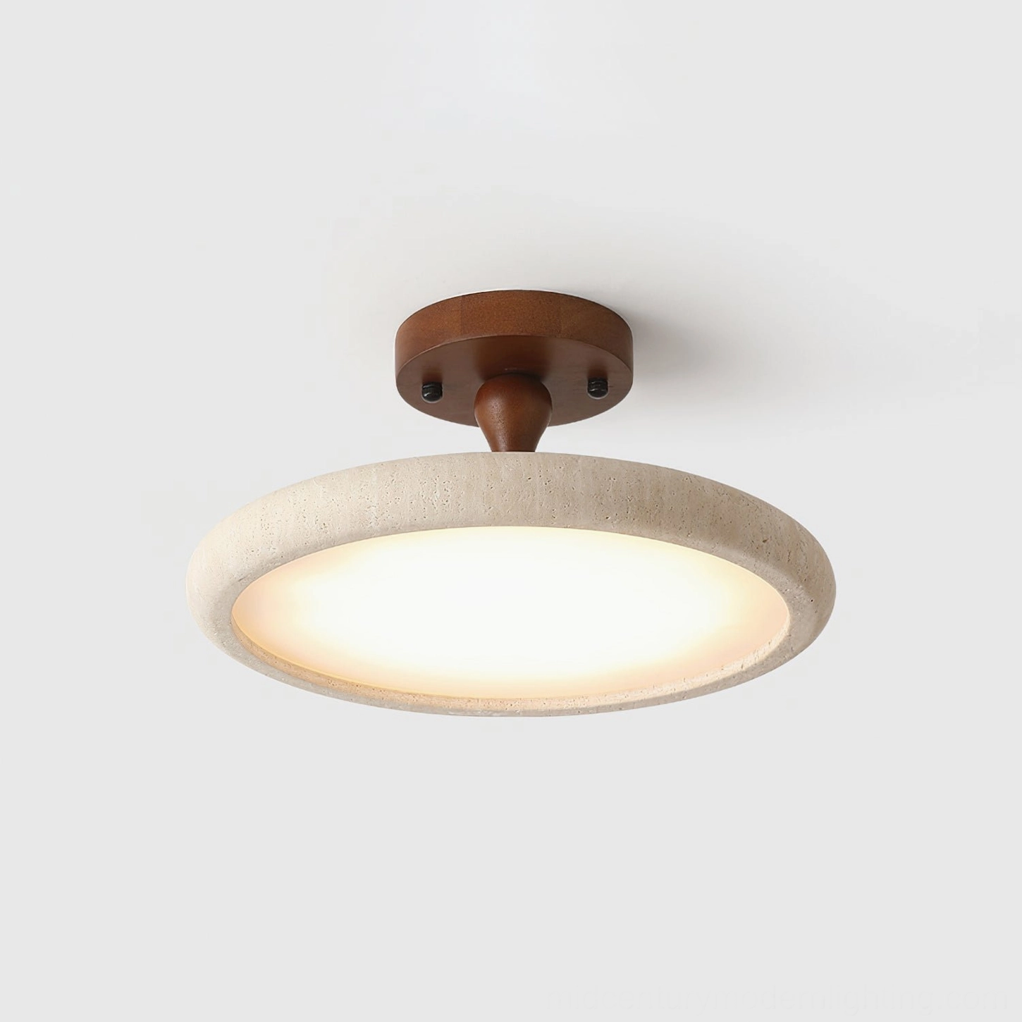 Bailey small travertine ceiling light - 30cm diameter warm glow fixture with natural stone and wood materials