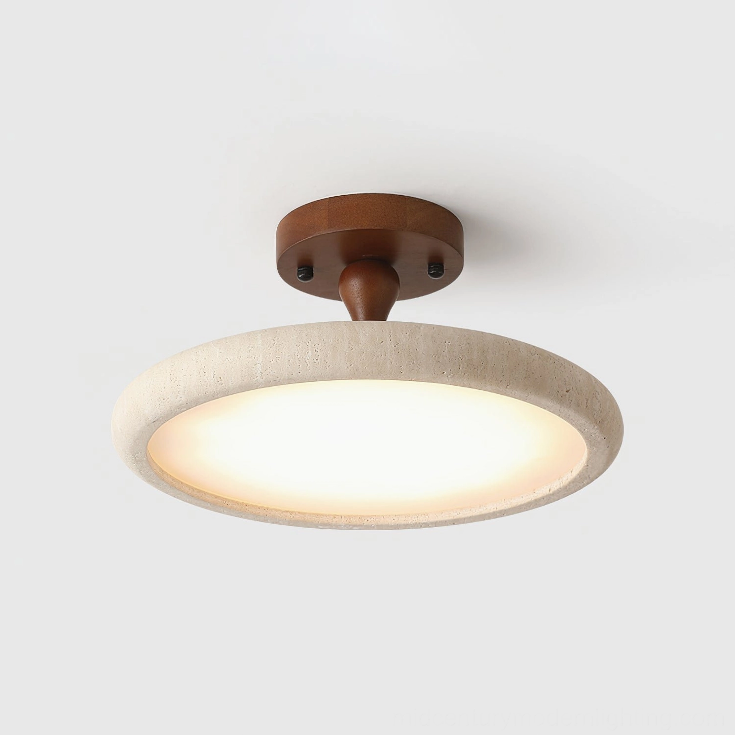 Bailey large format travertine and walnut ceiling light - 40cm diameter warm LED flush mount fixture