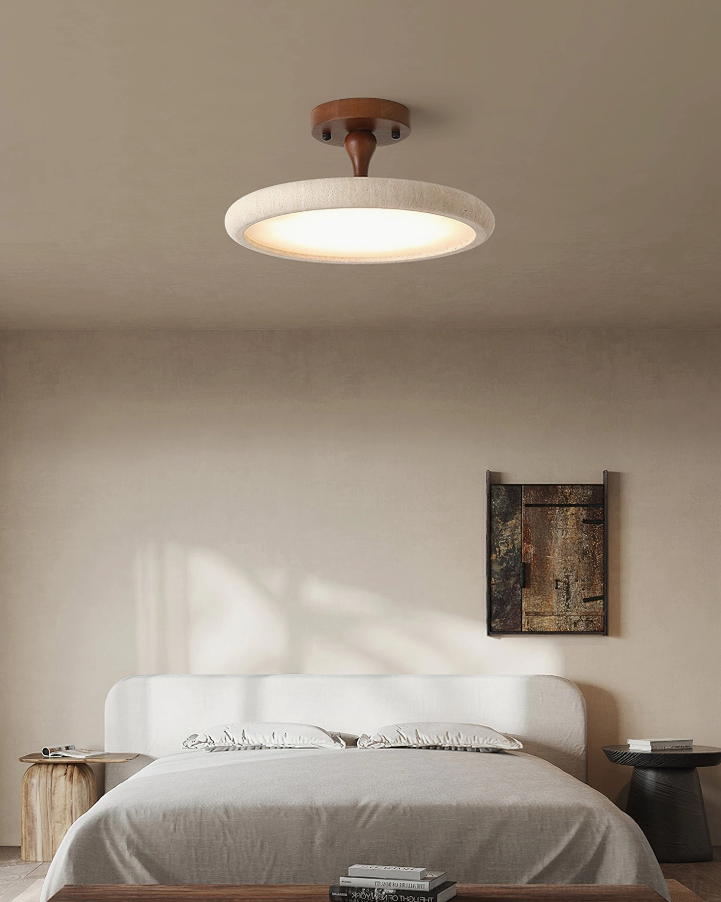 Bailey warm-tone ceiling light in bedroom with wall artwork and coordinated bedside tables - interior styling