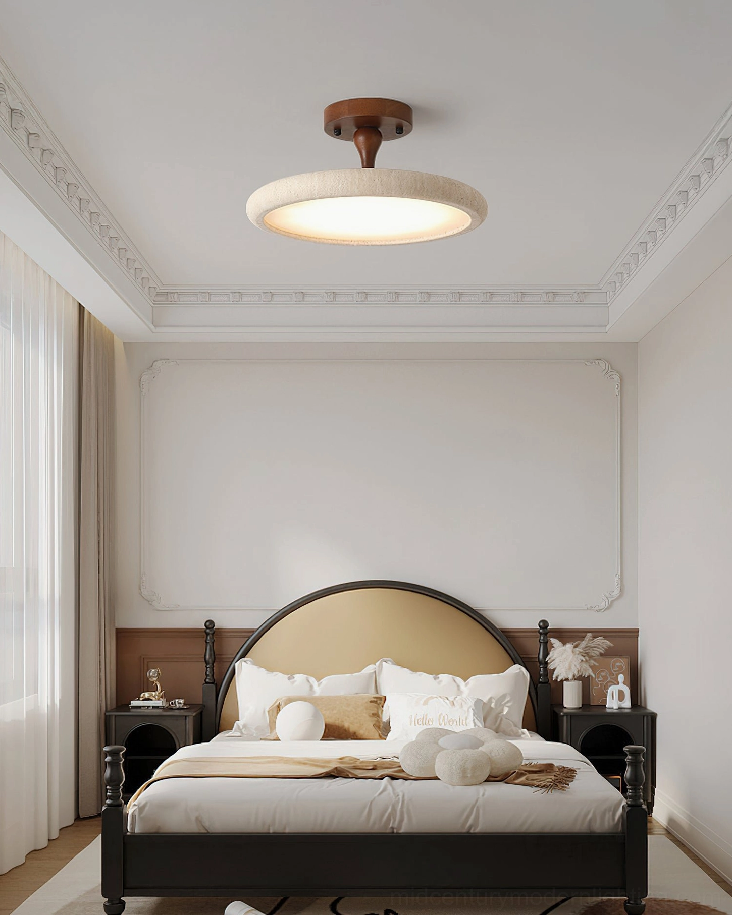 Bailey travertine ceiling light in French vintage style bedroom with ornate ceiling trim and classic bed frame