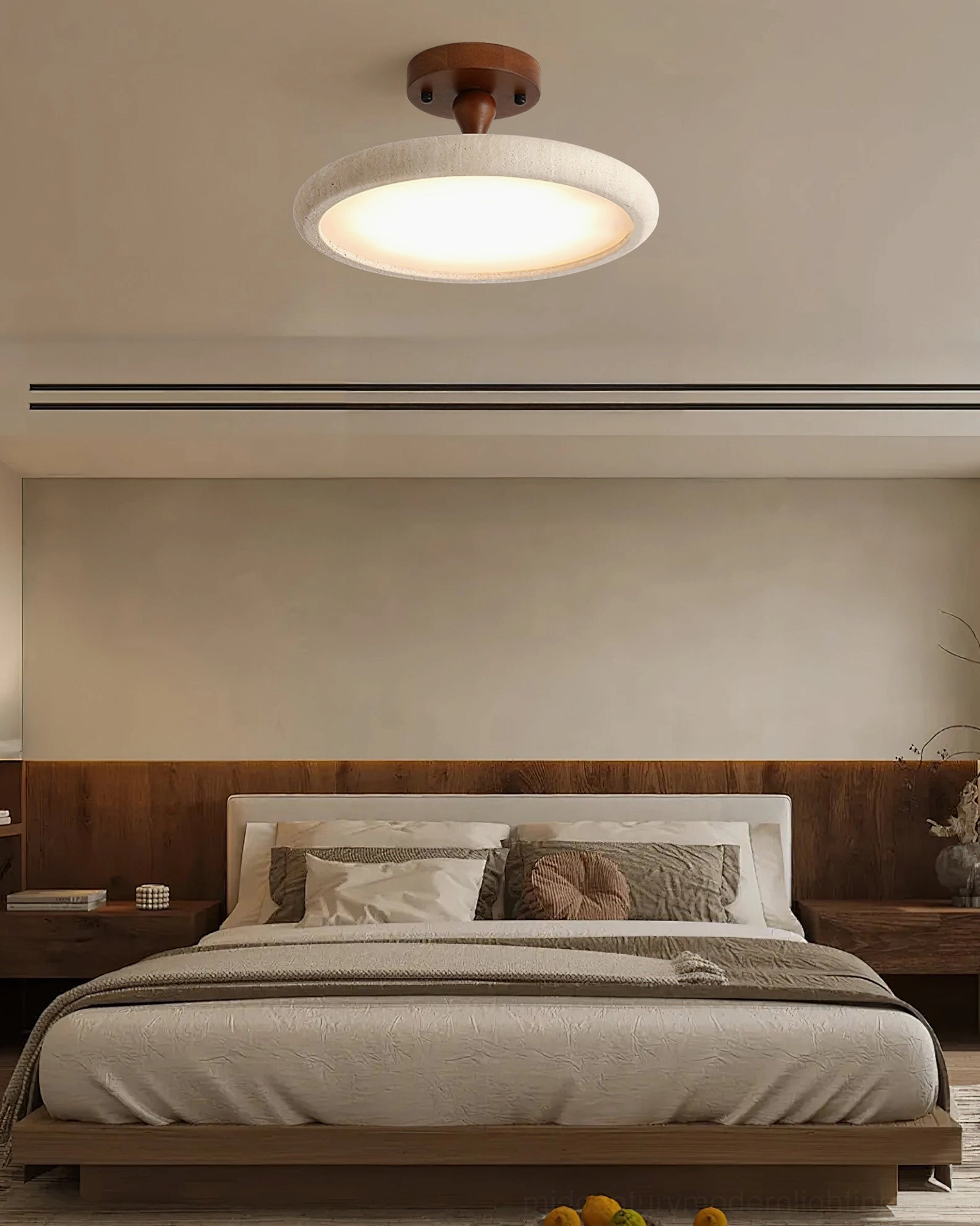 Bailey flush mount ceiling light installed in wabi-sabi master bedroom with dark wood decor - viewed from bed