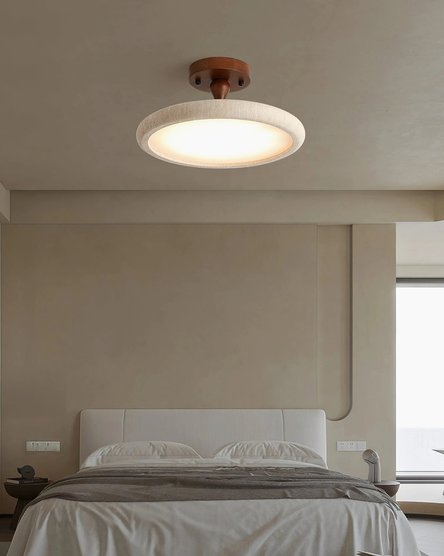 Bailey travertine ceiling light in minimalist neutral bedroom - soft warm glow above simple bedding