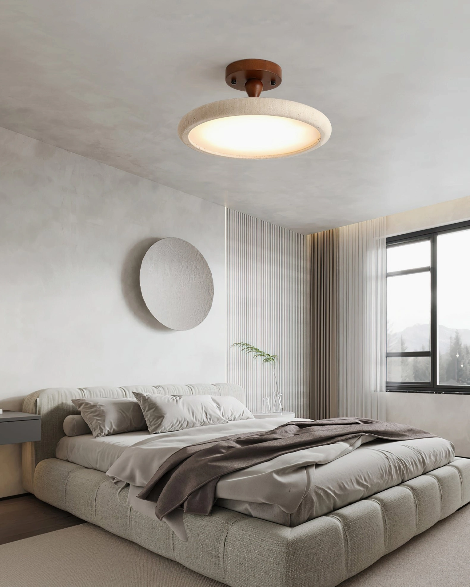 Bailey modern flush mount ceiling light in contemporary bedroom with large window and tufted bed - soft neutral tones