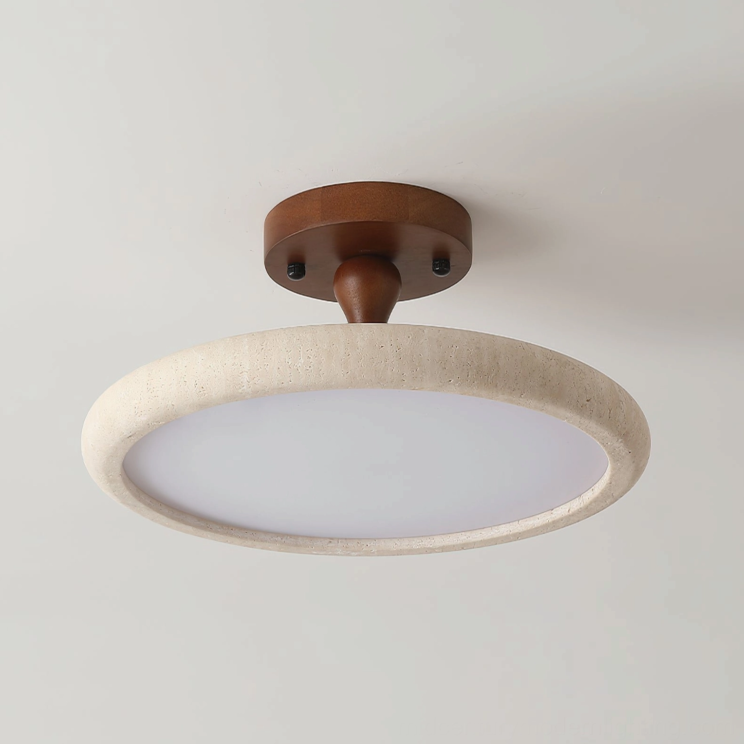 Bailey round flush mount ceiling light - front overhead close-up showing flat diffuser panel and wood base