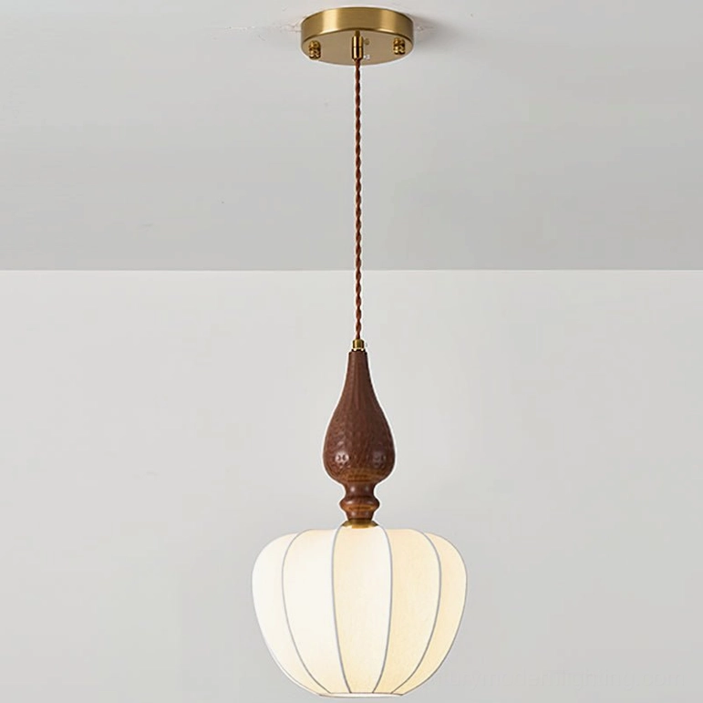 Gourd-style mid-century fabric pendant with brass cap, twisted brown cord, and ribbed round shade