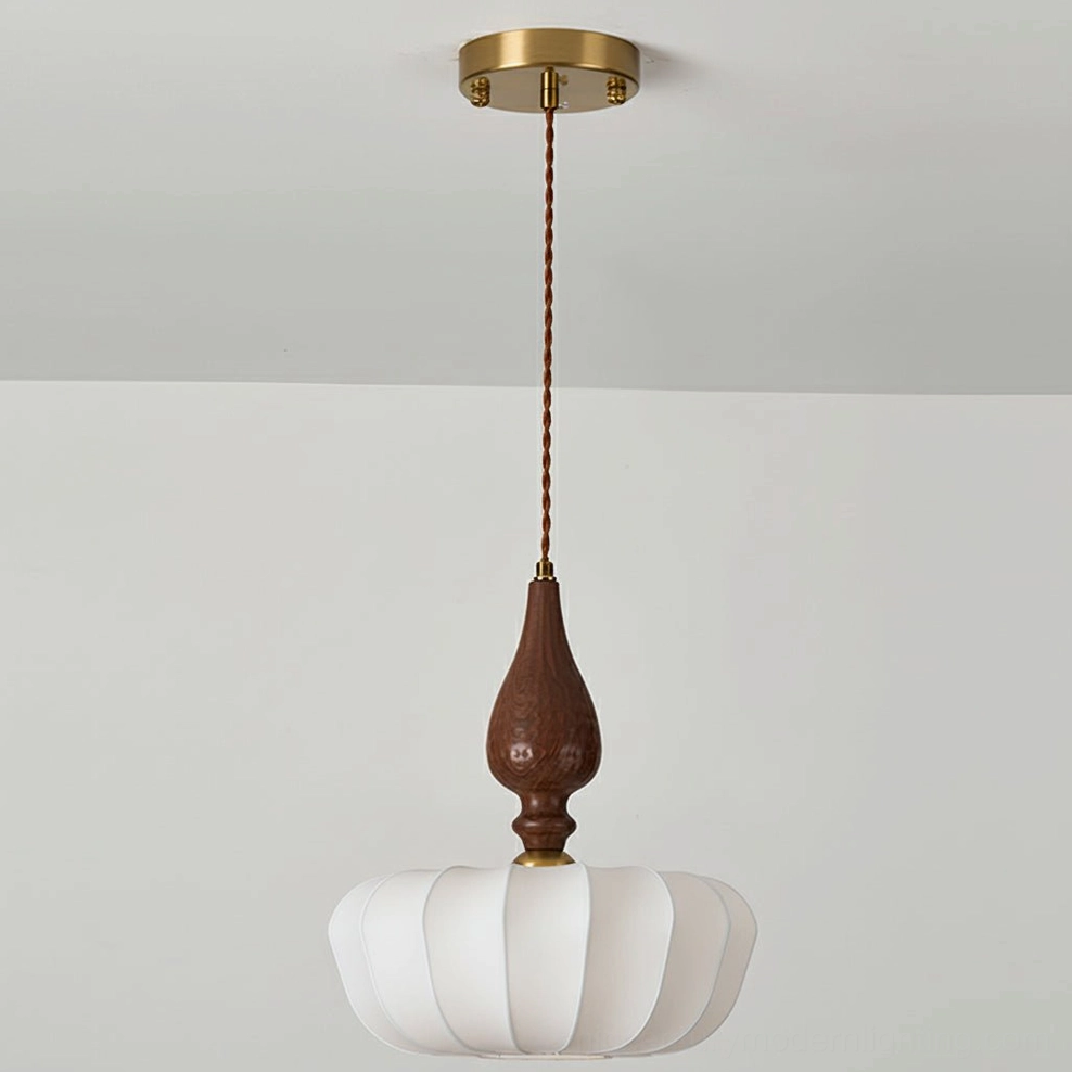 Full view of baird mid-century modern pendant fixture in warm white and walnut finish combination