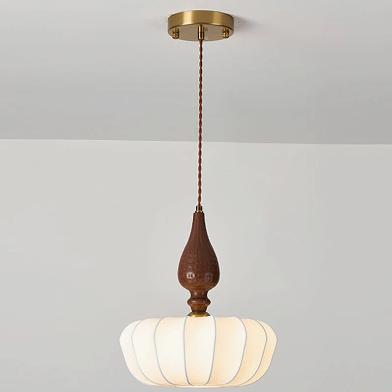 Model A large baird mid-century pendant light with pumpkin silk shade and walnut wood accent