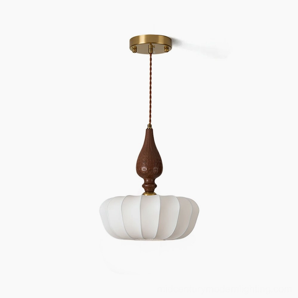 Baird mid-century modern pumpkin pendant light with ribbed silk shade and carved walnut wood stem, overhead studio view