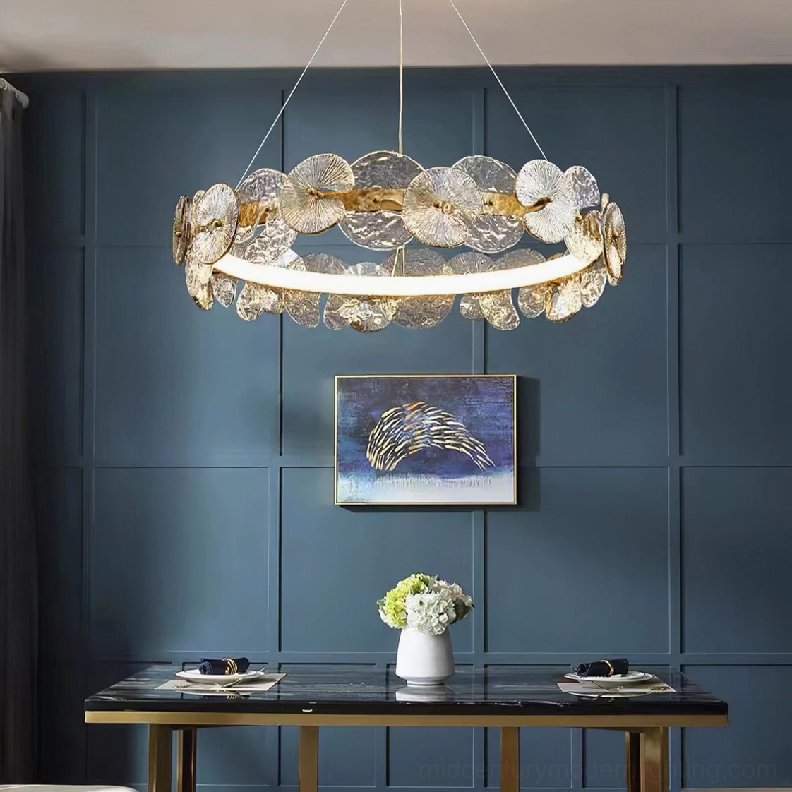 Barclay textured glass chandelier architectural detail showing circular ring frame construction