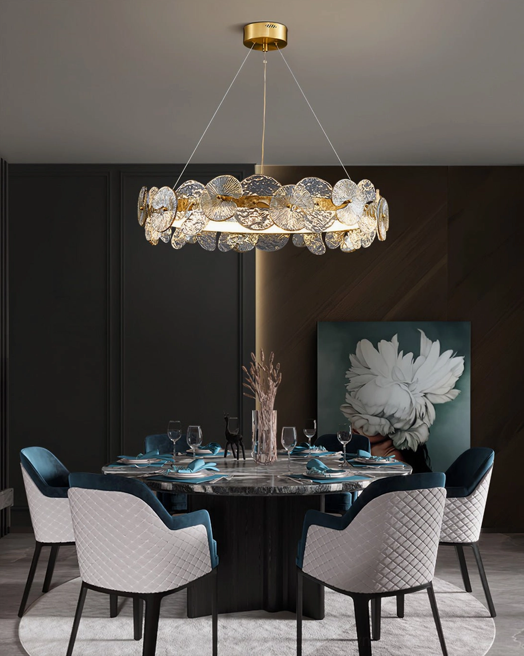 Barclay brass chandelier as focal point in upscale dining room with round table
