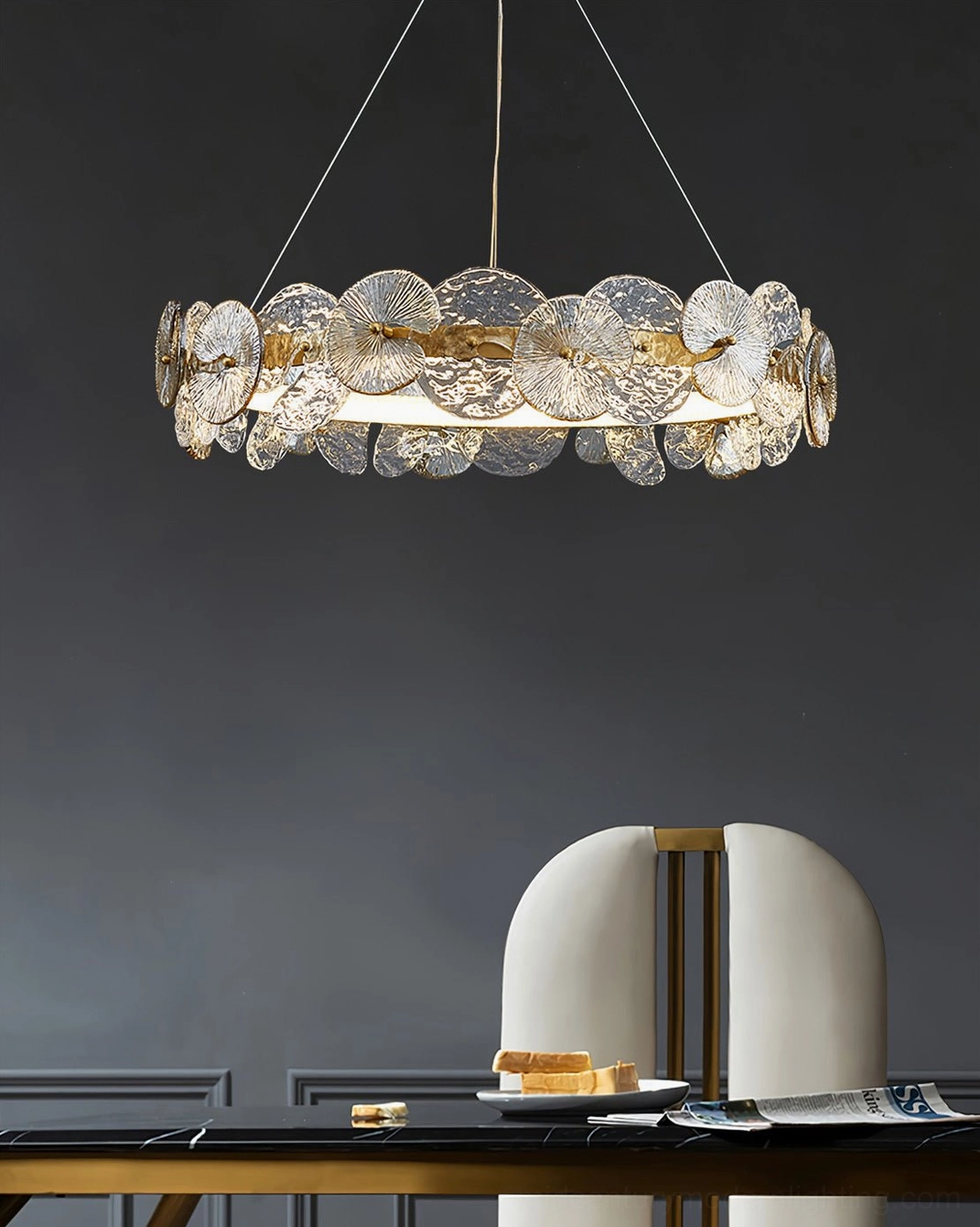Barclay chandelier textured glass petal details showing artistic light diffusion