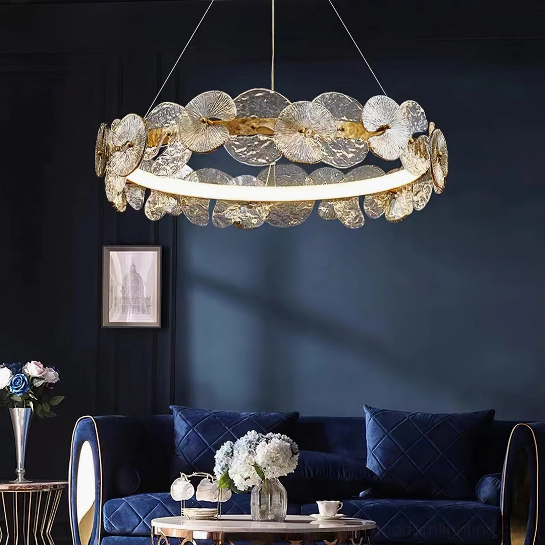 Barclay chandelier gold finish with textured glass shade array - modern statement light fixture