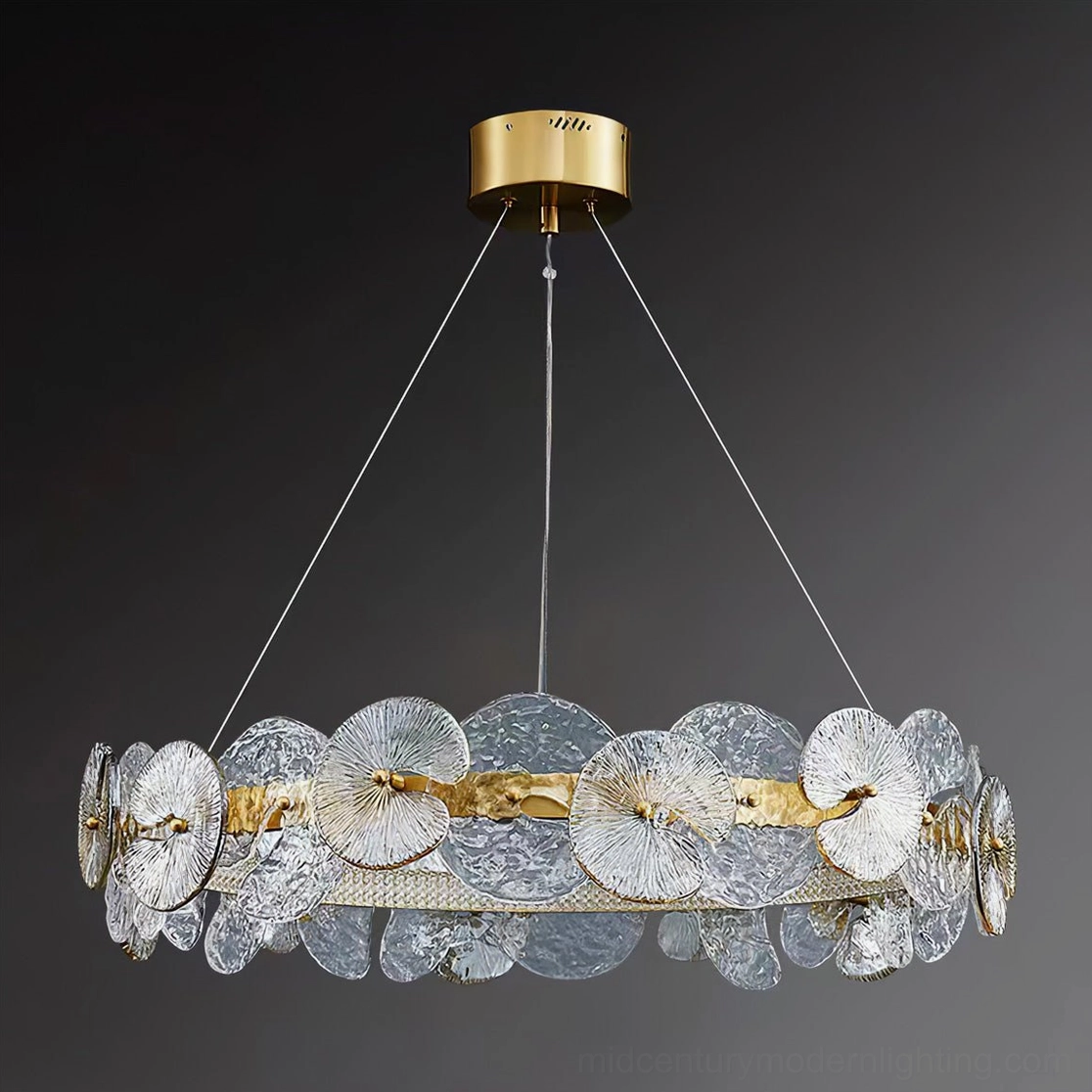 Barclay luxury brass chandelier with textured glass in contemporary interior setting