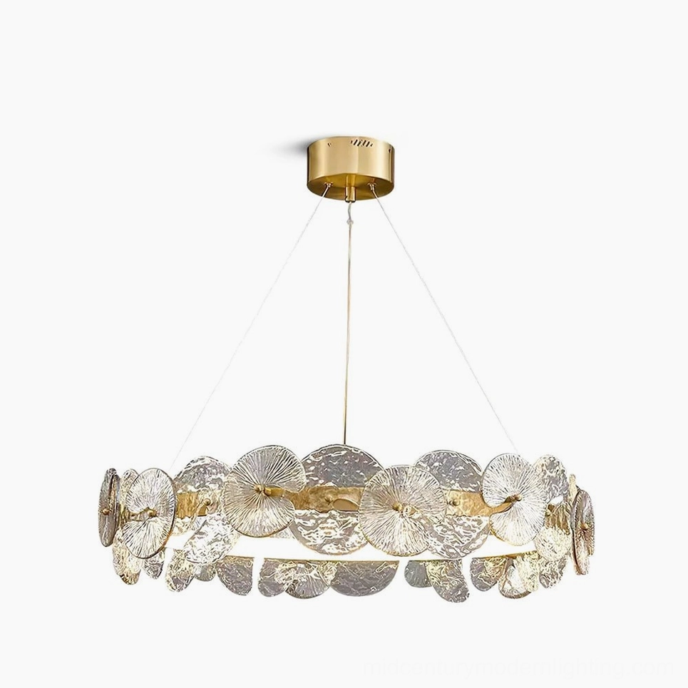 Barclay textured glass chandelier with brass ring frame - front studio view showing lotus-petal glass design and warm gold lighting