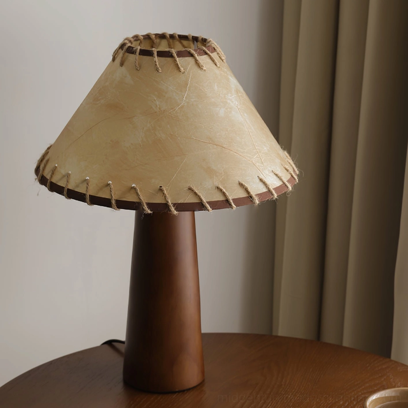 Basica table lamp wooden base construction and fabric shade profile view