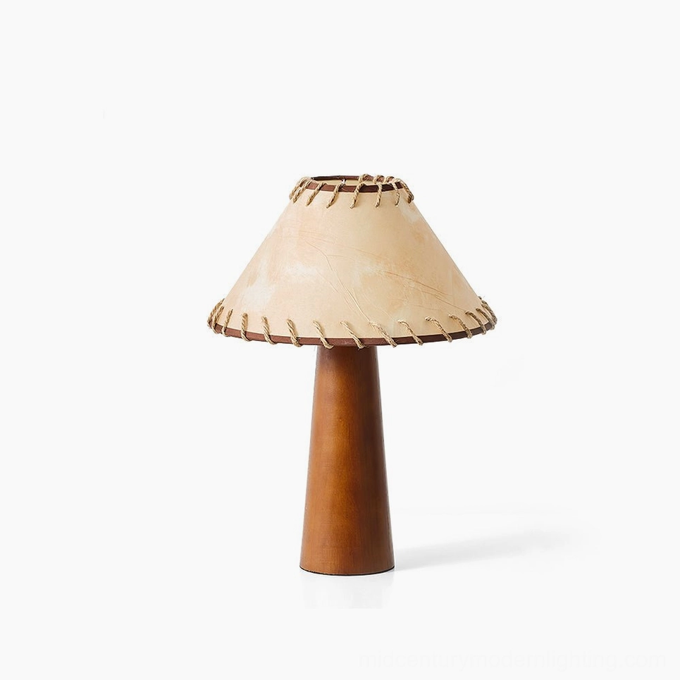 Basica mid-century modern table lamp hero shot with hand-stitched fabric shade premium detail