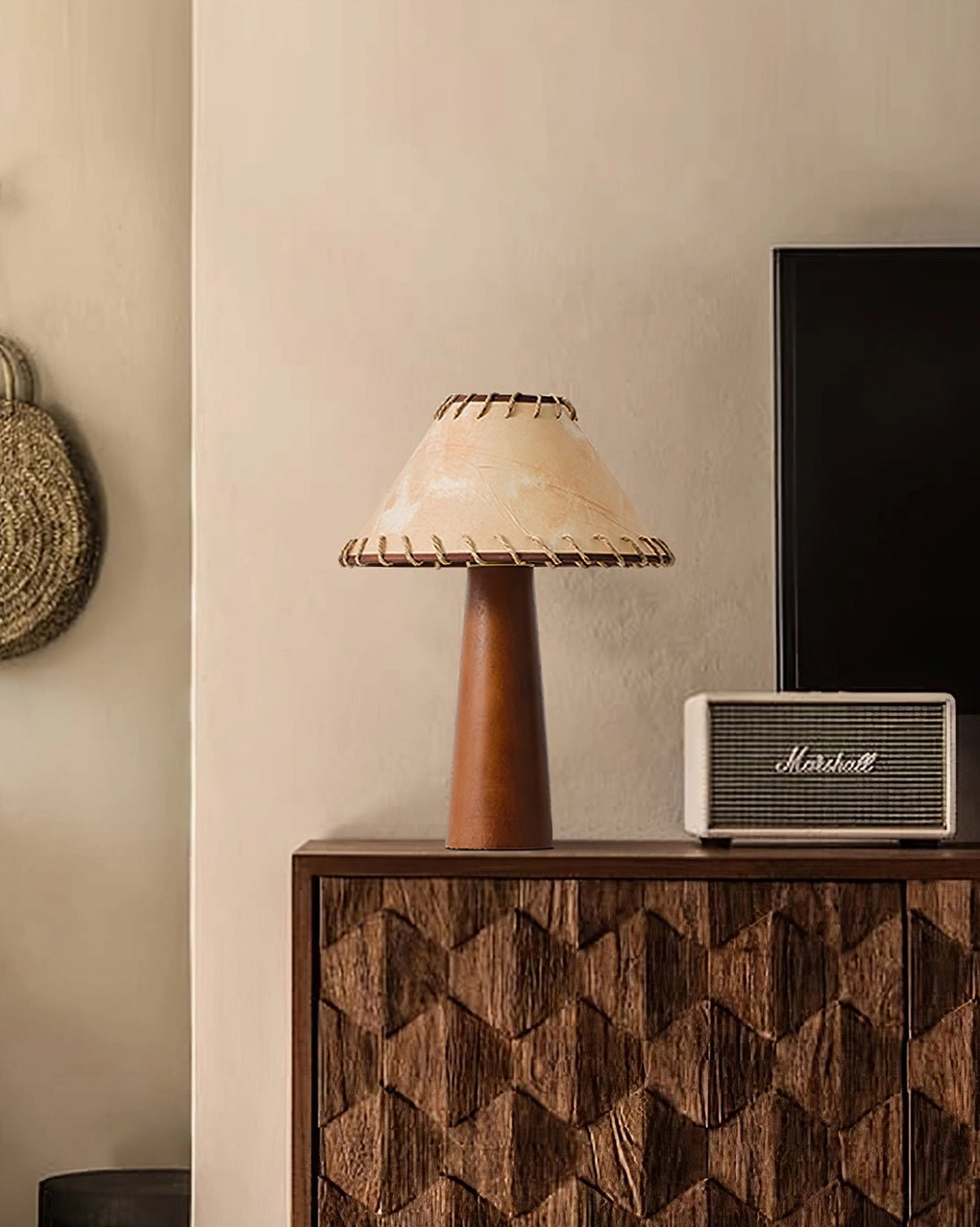 Basica mid-century modern table lamp in reading nook with vintage furniture styling