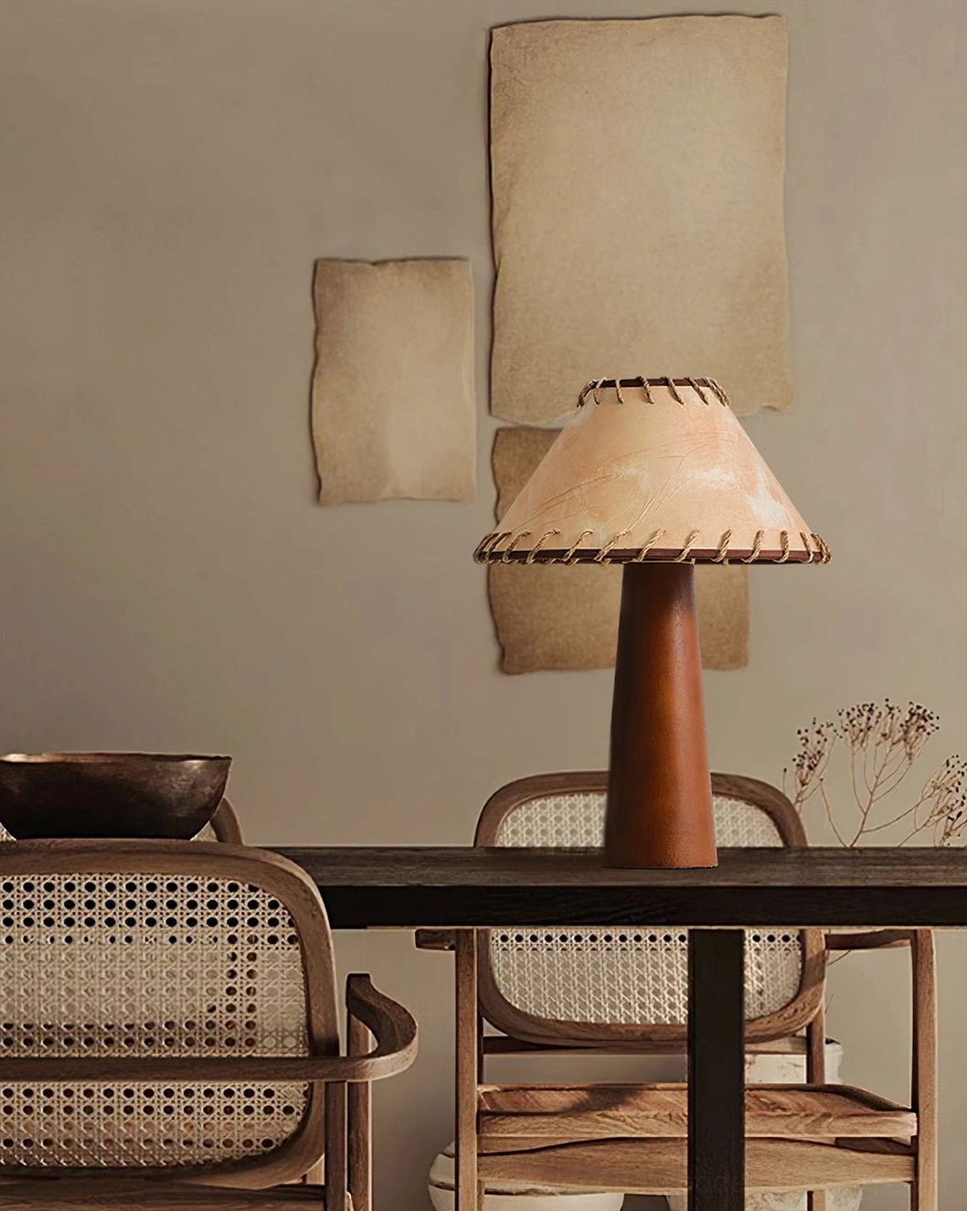 Basica modern table lamp tawny wood base with warm fabric shade in living space