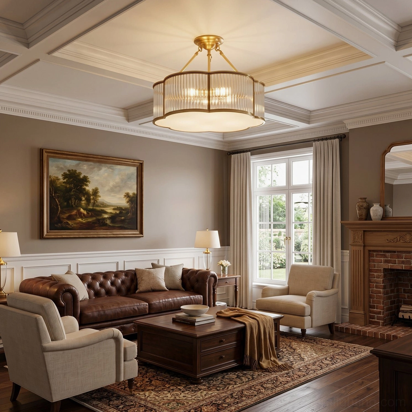 Polished brass quatrefoil chandelier with ribbed glass shade in refined brown leather sofa traditional interior