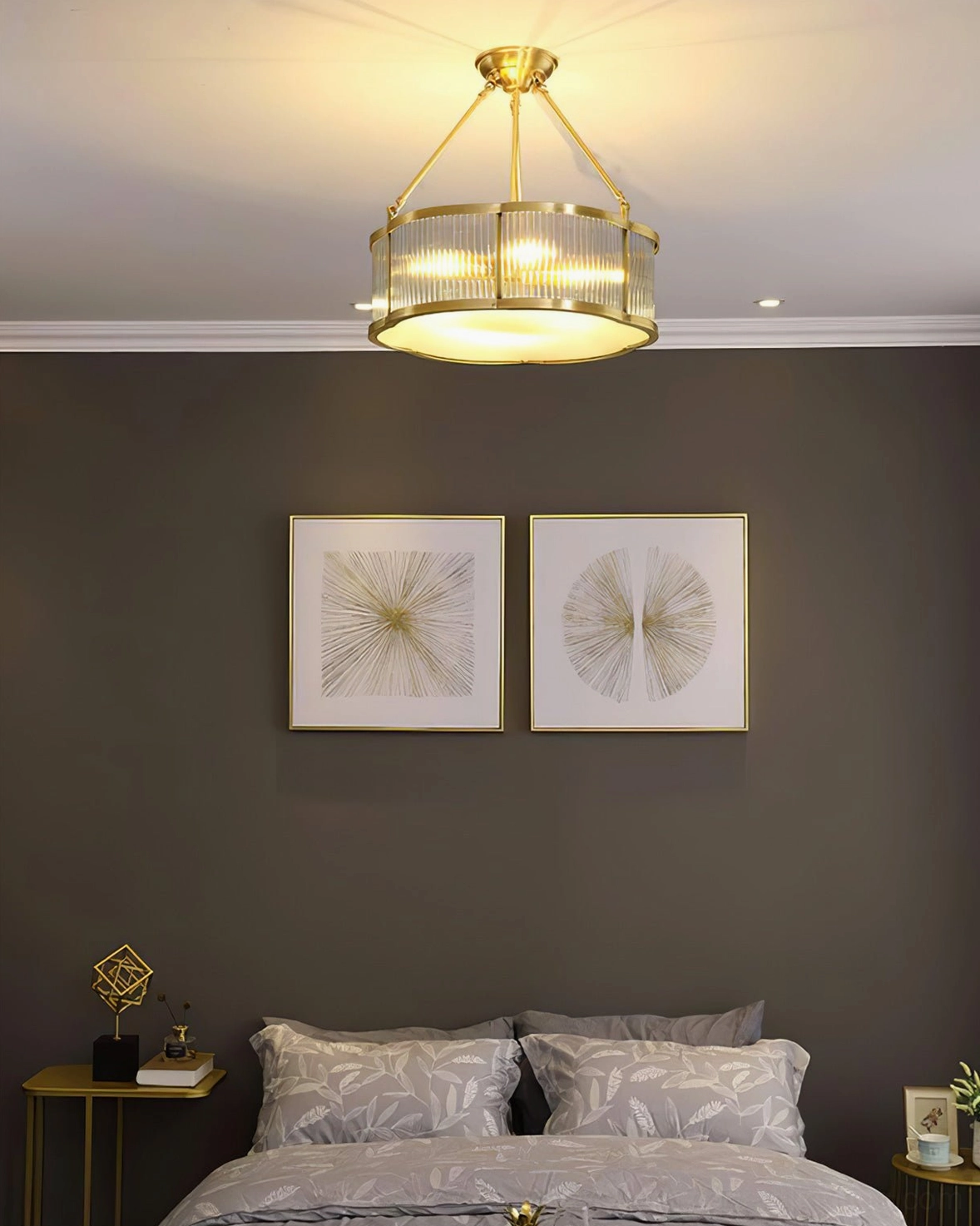 Full view of basil quatrefoil semi-flush chandelier in residential ceiling installation