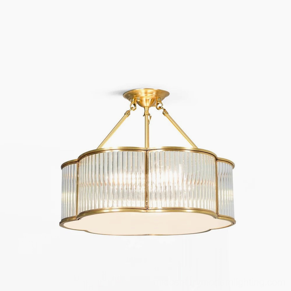 Quatrefoil chandelier showing frosted glass diffuser and brass frame construction detail