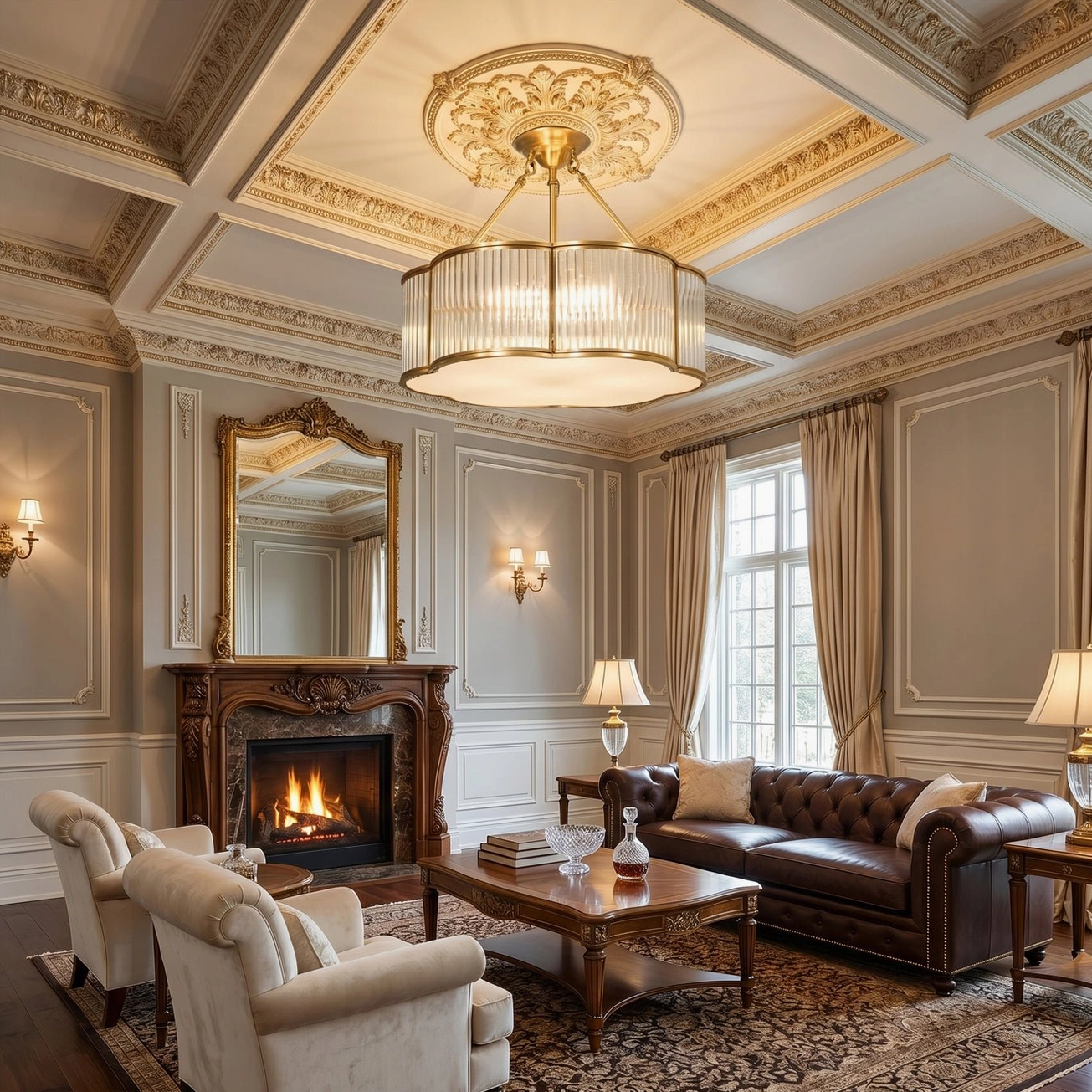 Brass quatrefoil semi-flush chandelier illuminating formal fireplace living room with ornate neoclassical styling