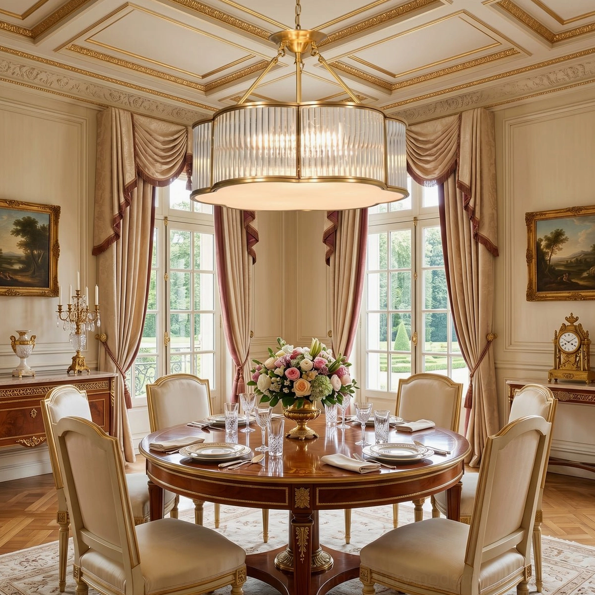 Brass quatrefoil chandelier overhead view in formal luxury dining room with neoclassical furnishings