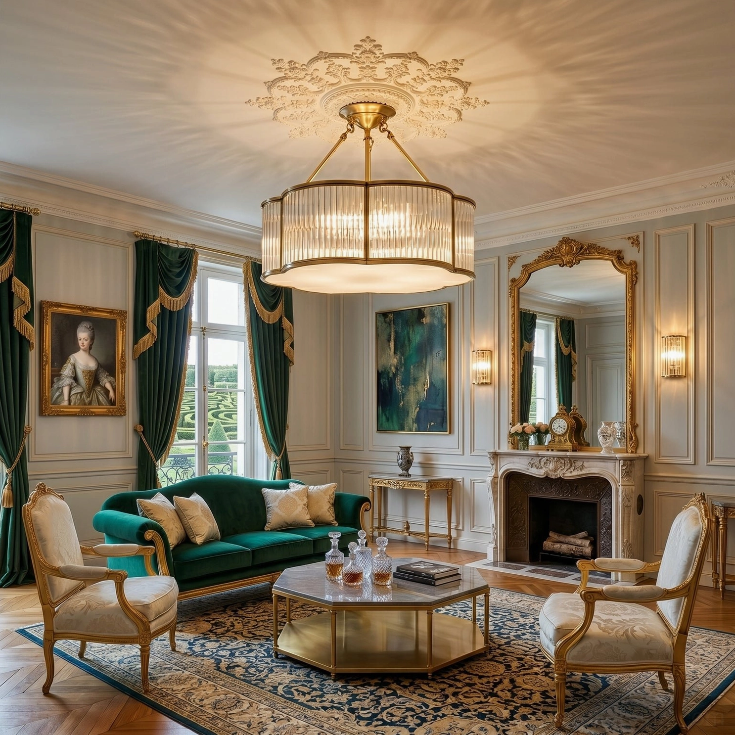 Semi-flush quatrefoil drum chandelier in brass hanging over green sofa traditional living room setting