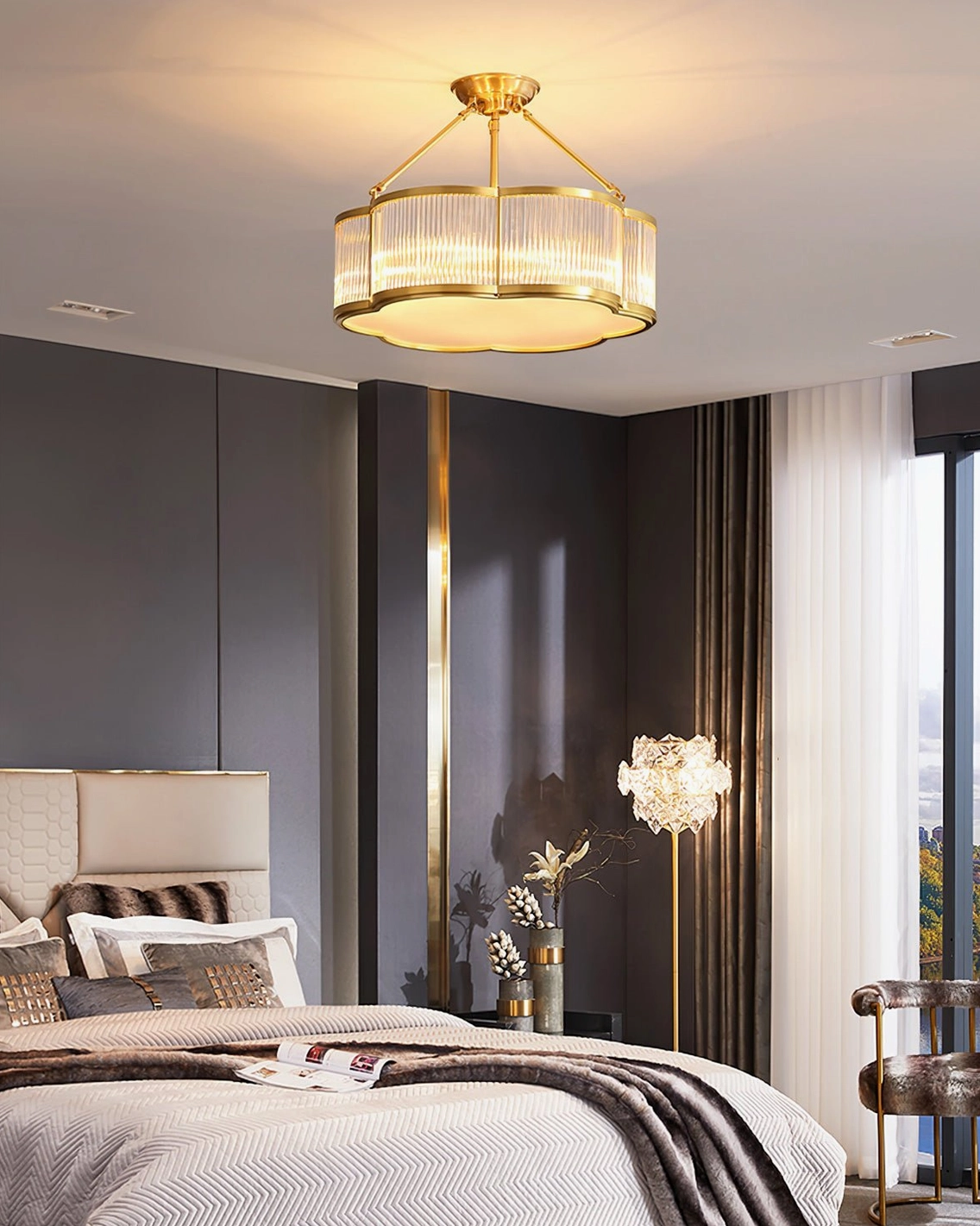 Quatrefoil semi-flush chandelier in minimalist luxury bedroom with modern classic decor and brass finish
