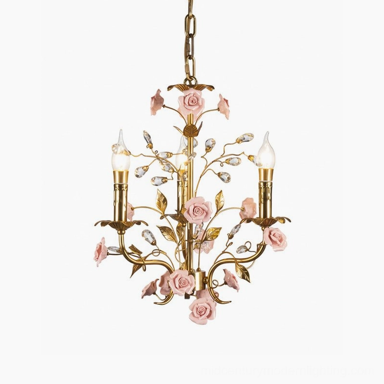 Bassano brass and pink ceramic rose chandelier 15 inch, 3-light floral romantic pendant fixture