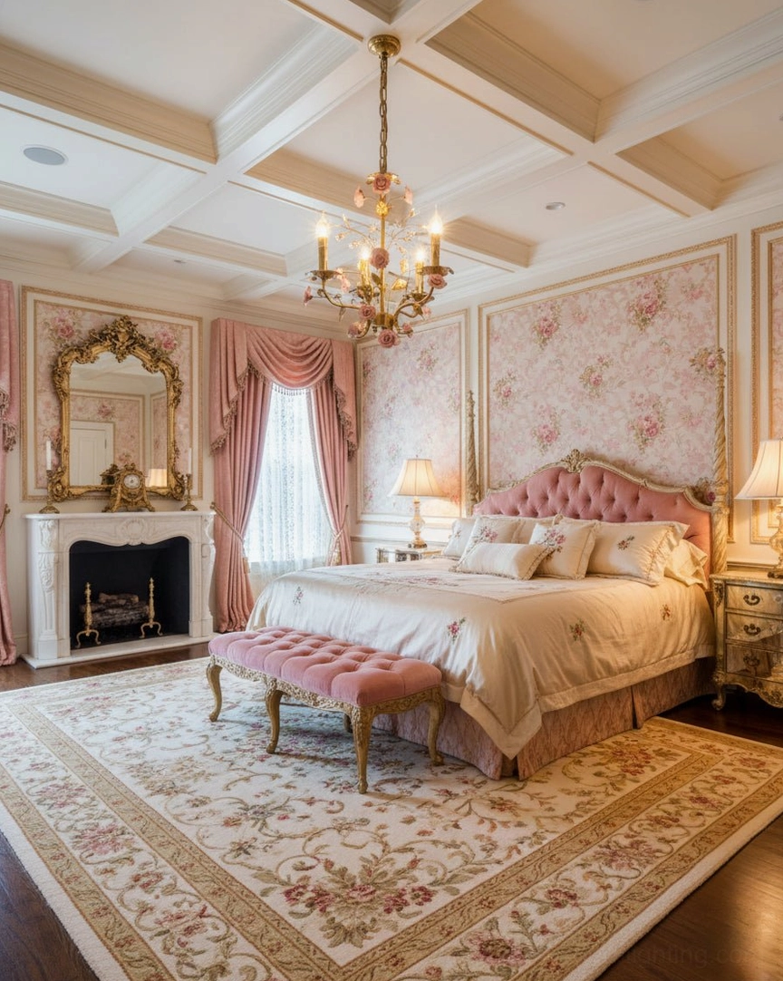 3-arm Bassano chandelier in luxury vintage bedroom with floral wallpaper, elegant romantic brass lighting