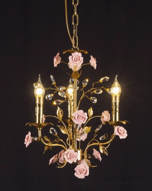 Bassano 3-light chandelier brass and pink ceramic rose design, European romantic tole metalwork fixture