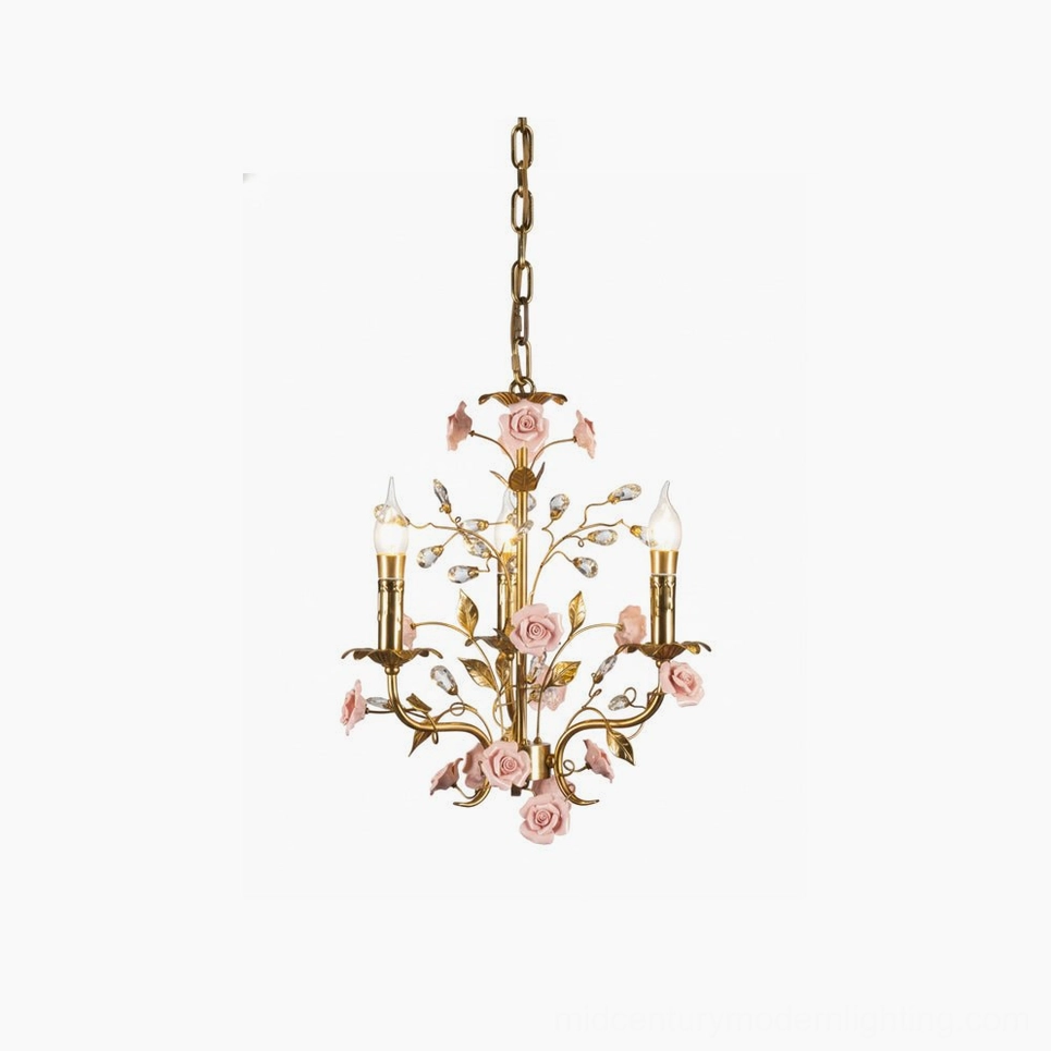 Bassano brass and pink ceramic rose chandelier overhead studio view, floral tole metalwork with delicate porcelain roses