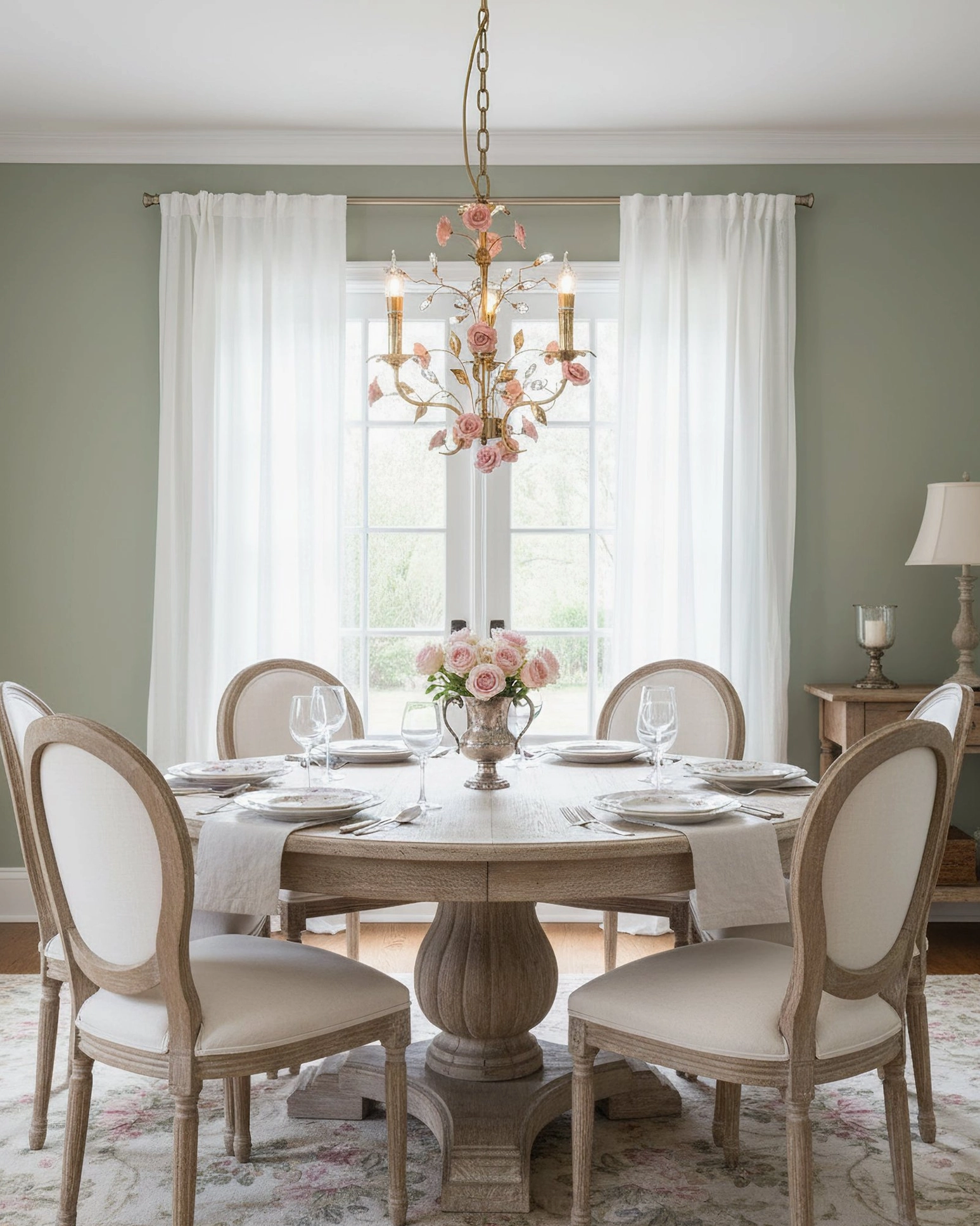 Bassano chandelier in bright casual dining space, neutral romantic brass frame with pink ceramic roses