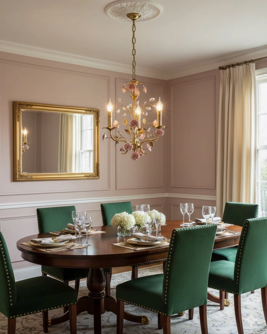 Bassano chandelier in modern classic dining room, soft romantic brass fixture with pink ceramic flower accents