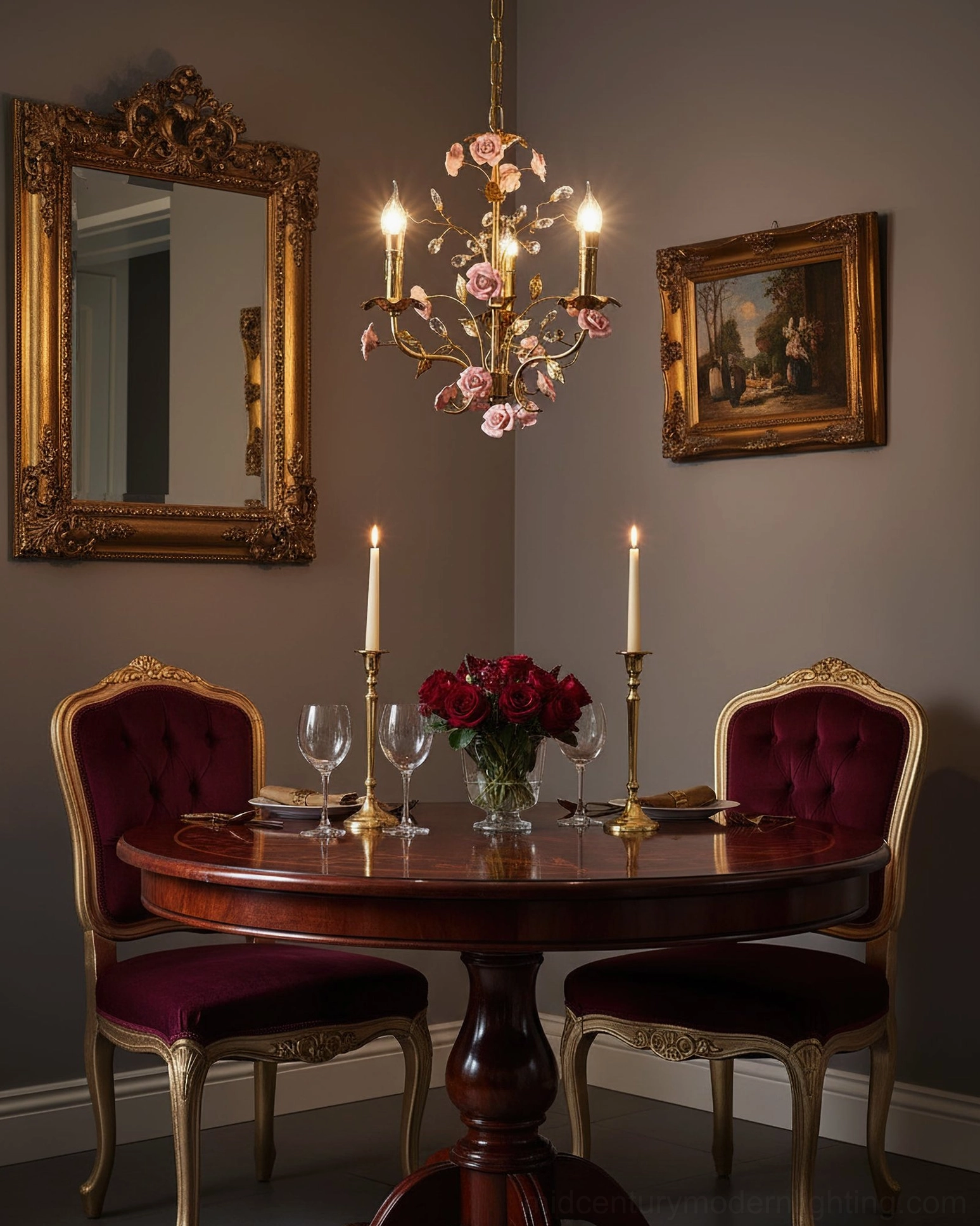 Bassano 3-light chandelier in formal vintage dining room, French country romantic brass and pink ceramic roses