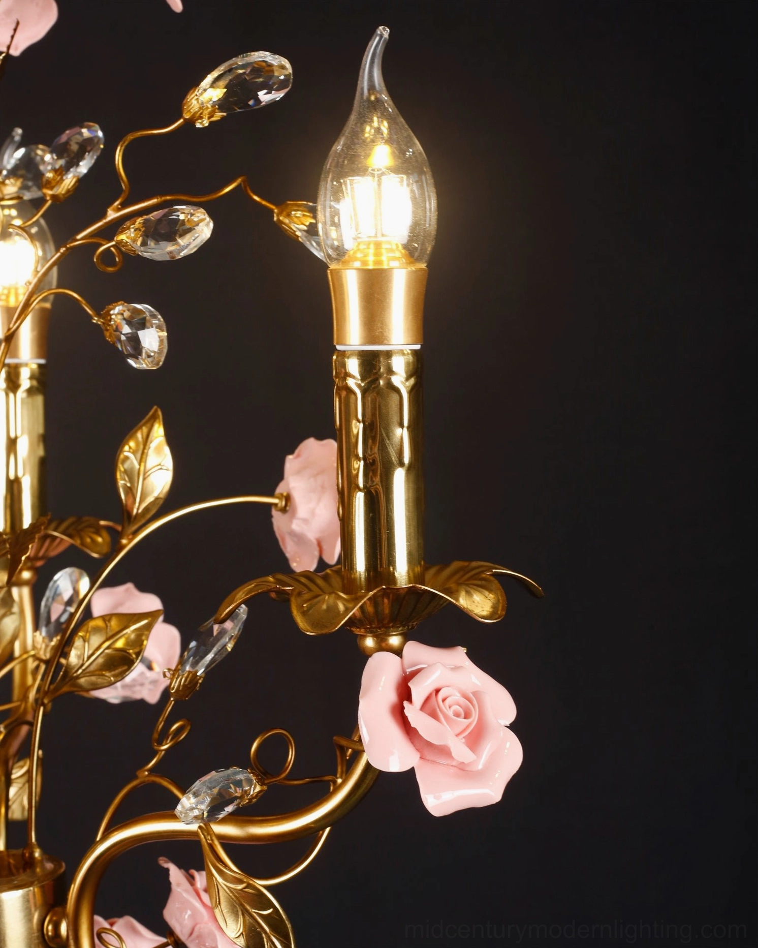 Bassano chandelier hanging view, brass floral pendant with ceramic roses candle-style bulb sockets
