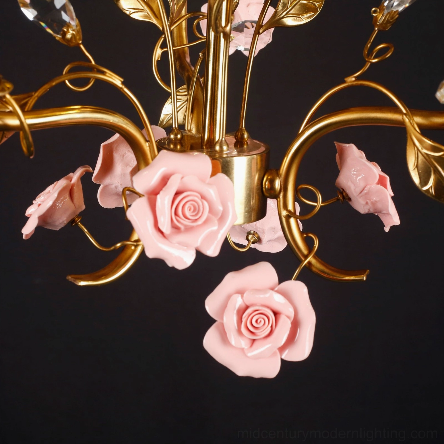 Bassano brass and ceramic rose chandelier front view, European floral tole metalwork 3-light design
