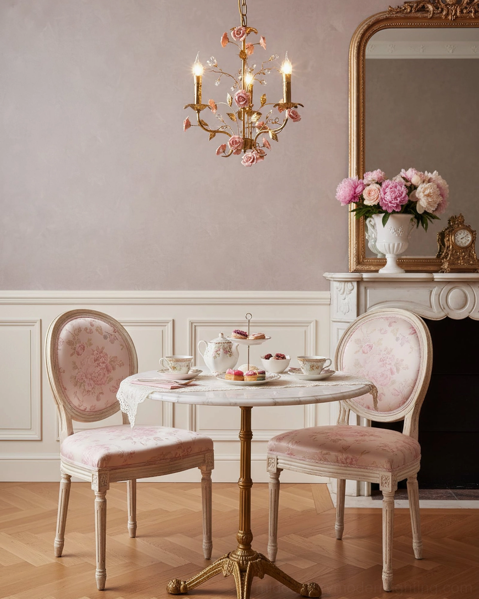 Mini floral Bassano chandelier in cozy vintage dining nook, French provincial romantic brass pendant