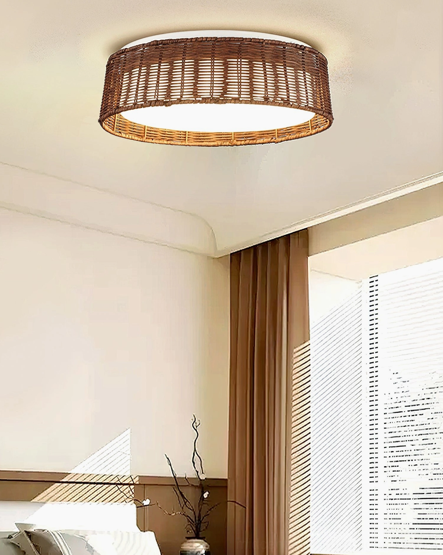 Bayou woven rattan ceiling fixture in cozy living room with window and curtains, creating soft bohemian modern atmosphere