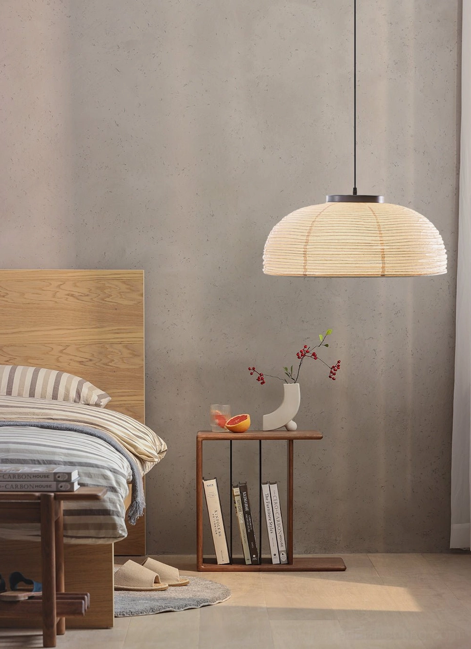 Bedroom pendant light beside bed – concrete wall master bedroom warm atmospheric lighting