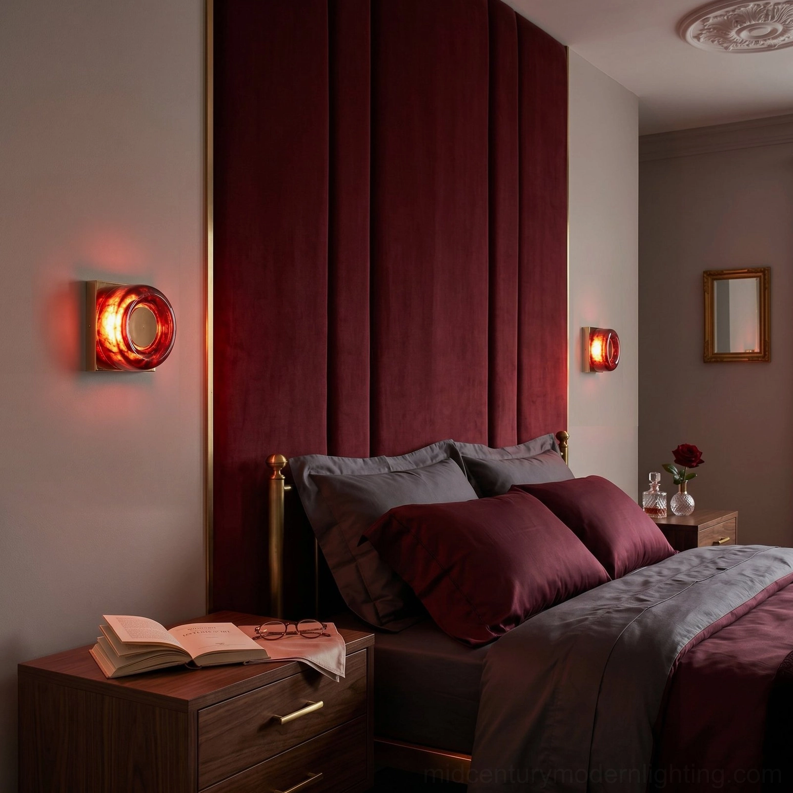 Pair of red circular sconces in luxury bedroom with burgundy accent wall, plush bedding, and dark wood furniture