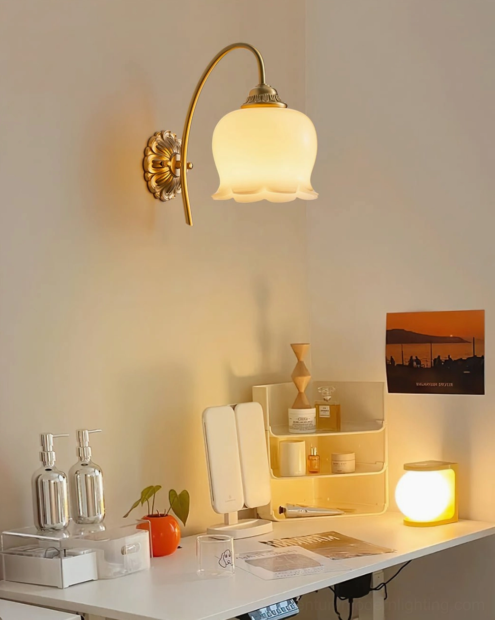 Vintage-style lily of the valley wall lamp lighting bedroom dressing table in mid-century home