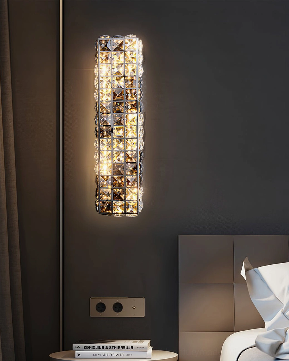 Modern bedroom lighting with hand-cast crystal wall lamp beside bed and side table