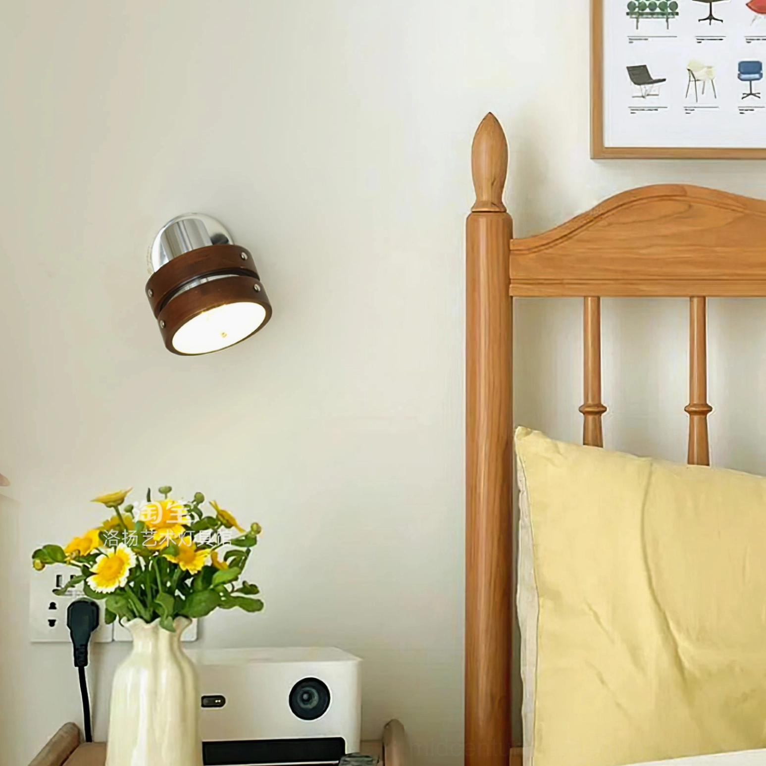 Bedroom wall sconce providing warm ambient lighting in vintage Scandinavian bedroom