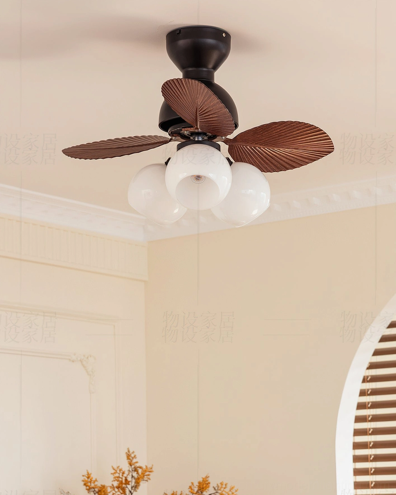 Belize tropical ceiling fan light detail of aerodynamic palm-shaped blade construction and finish quality