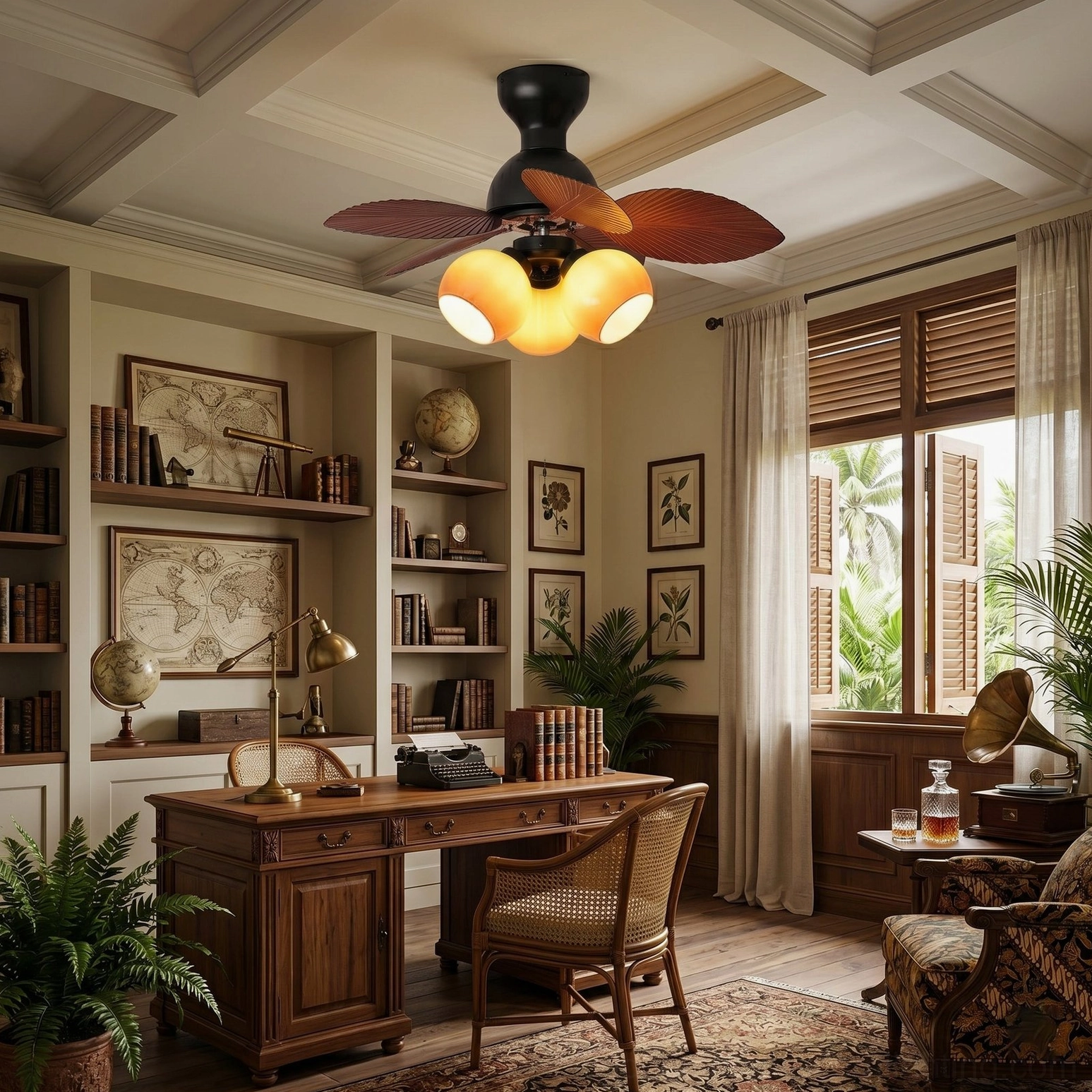 Belize palm-blade ceiling fan in home study office with traditional colonial vintage desk decor