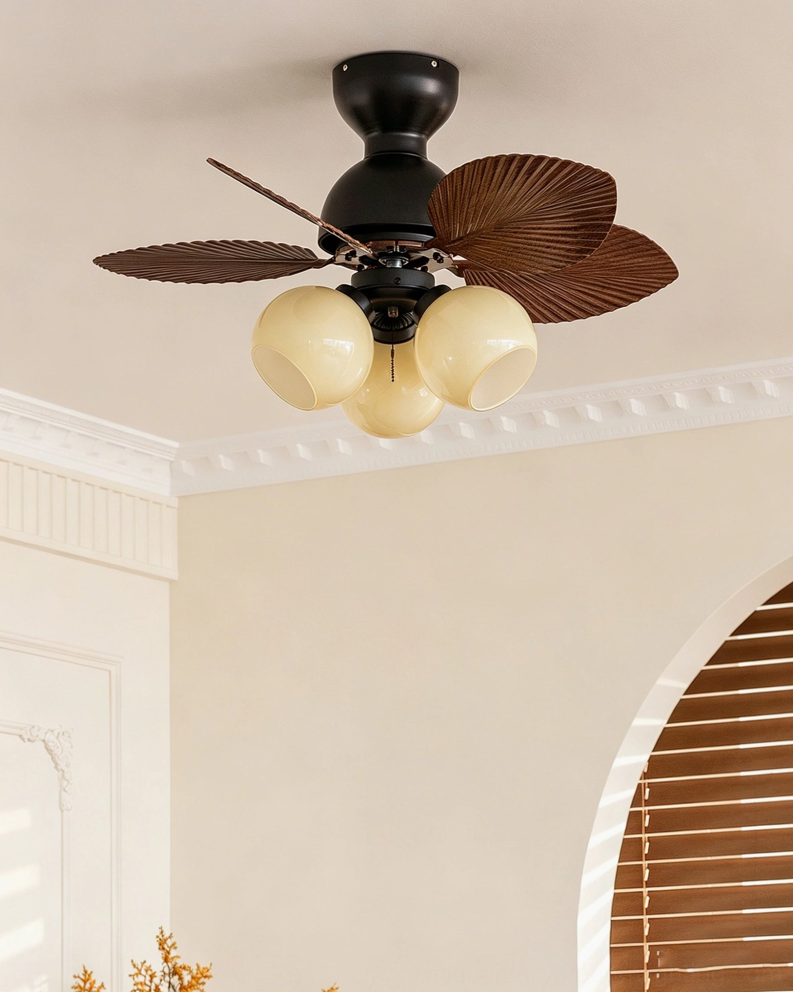 Belize palm-blade ceiling fan light architectural detail showing organic grooved texture and walnut finish