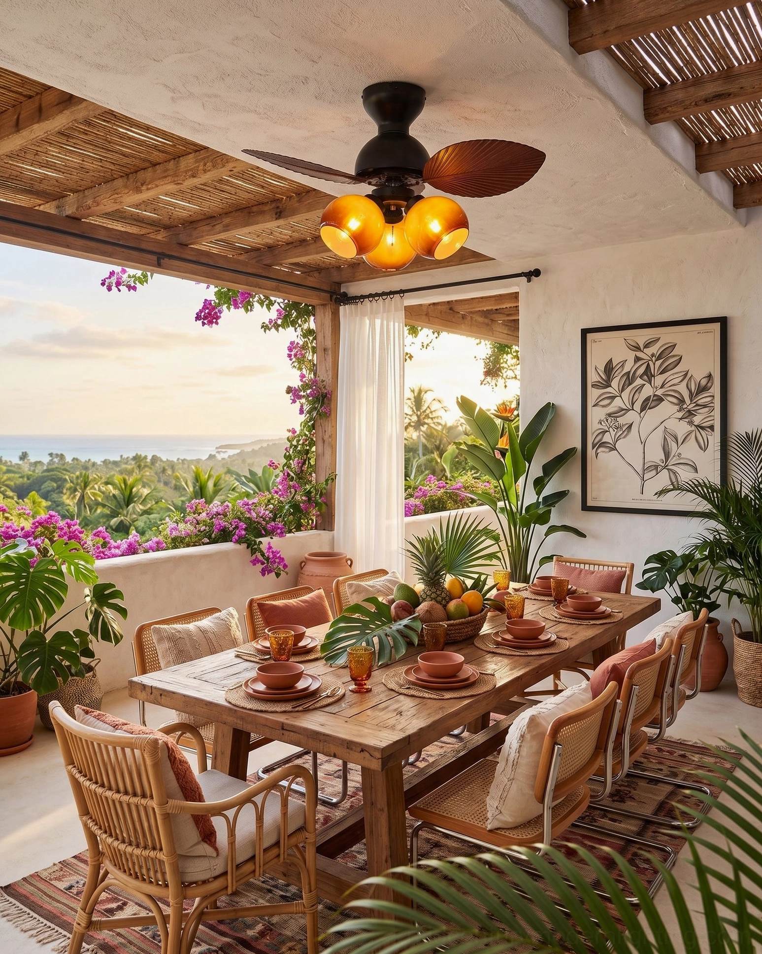 Belize tropical ceiling fan in outdoor dining area with ocean view scenery and resort-style atmosphere