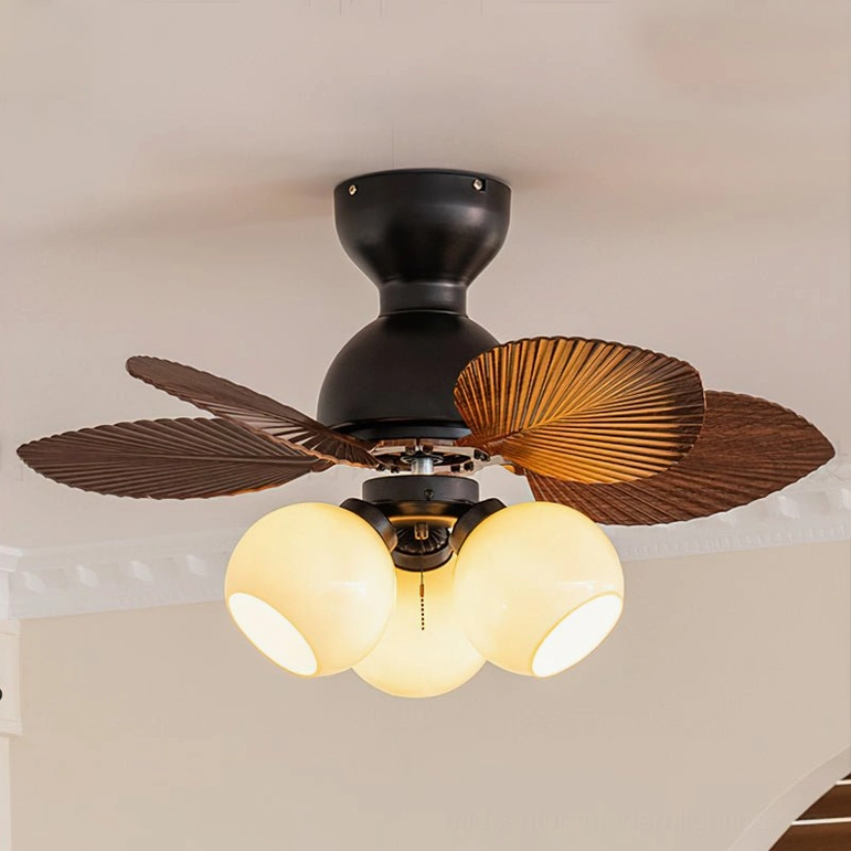 Belize tropical ceiling fan light with walnut and beige color combination in bedroom environment